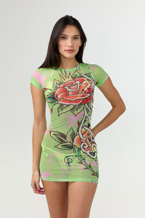 BUTTERFLY GARDEN - MESH DRESS - GREEN