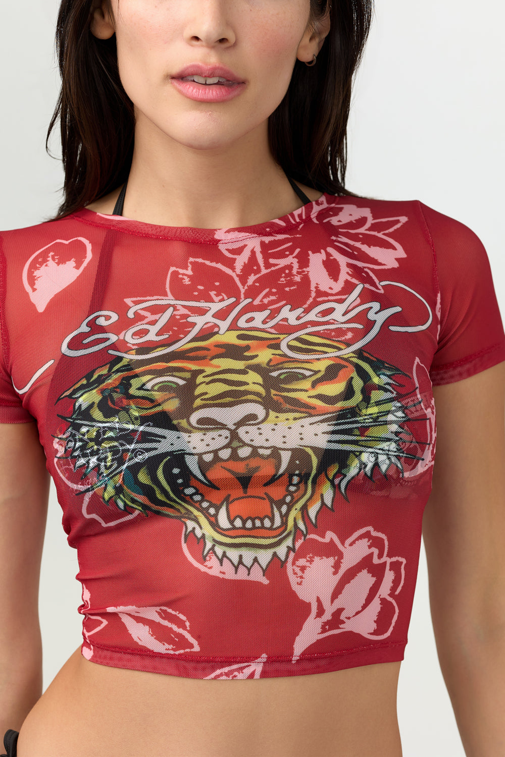 Woman wearing Ed Hardy Crimson Tiger Swim Tee in red print