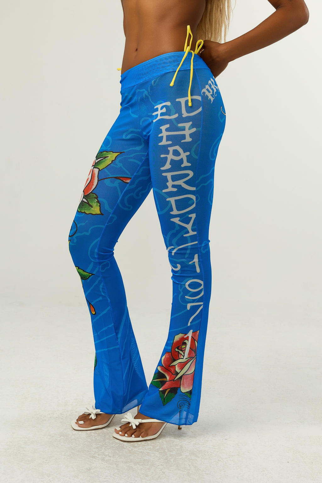 Close-up detail of Ed Hardy Sapphire Siren Swim Flare in blue print