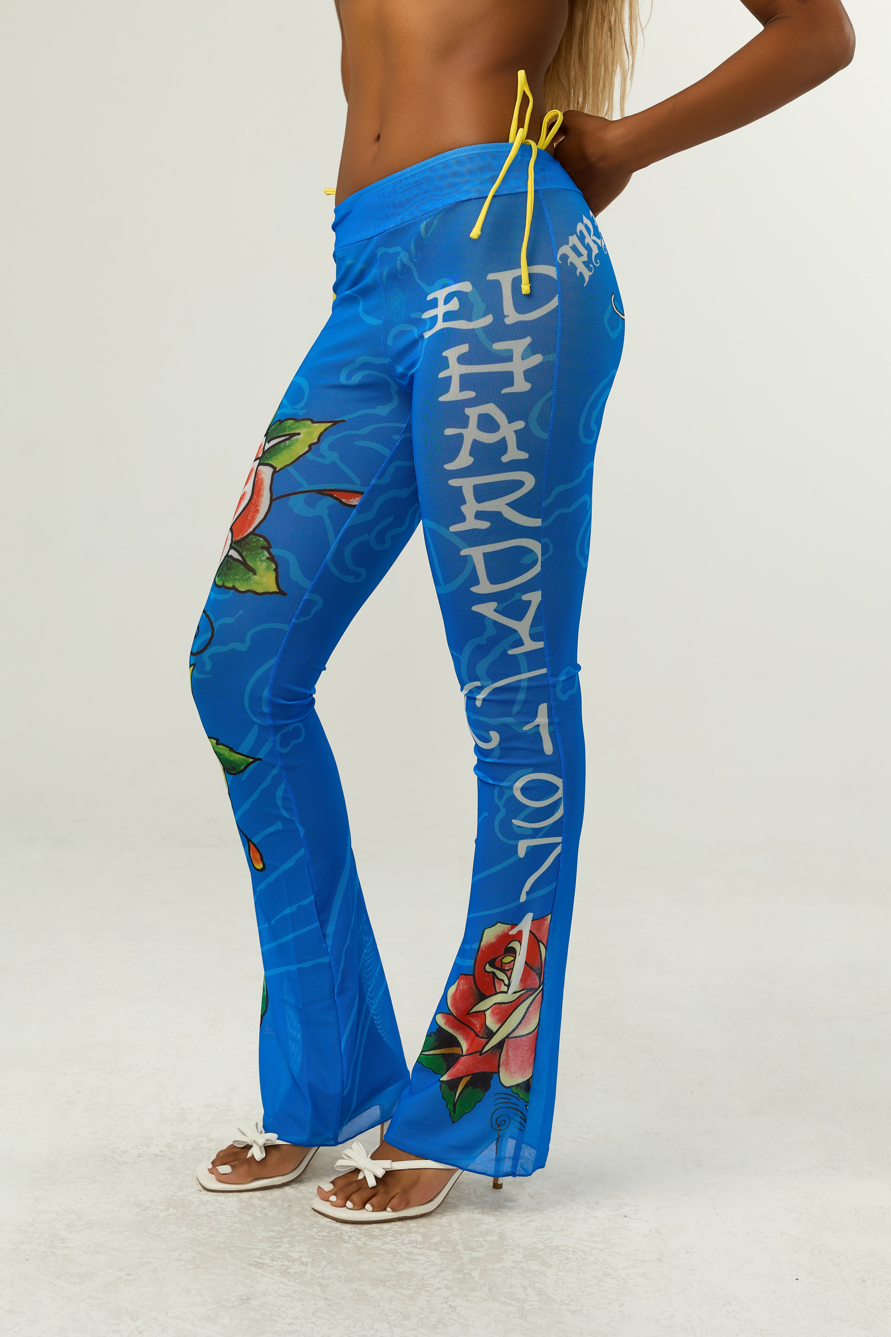 Close-up detail of Ed Hardy Sapphire Siren Swim Flare in blue print