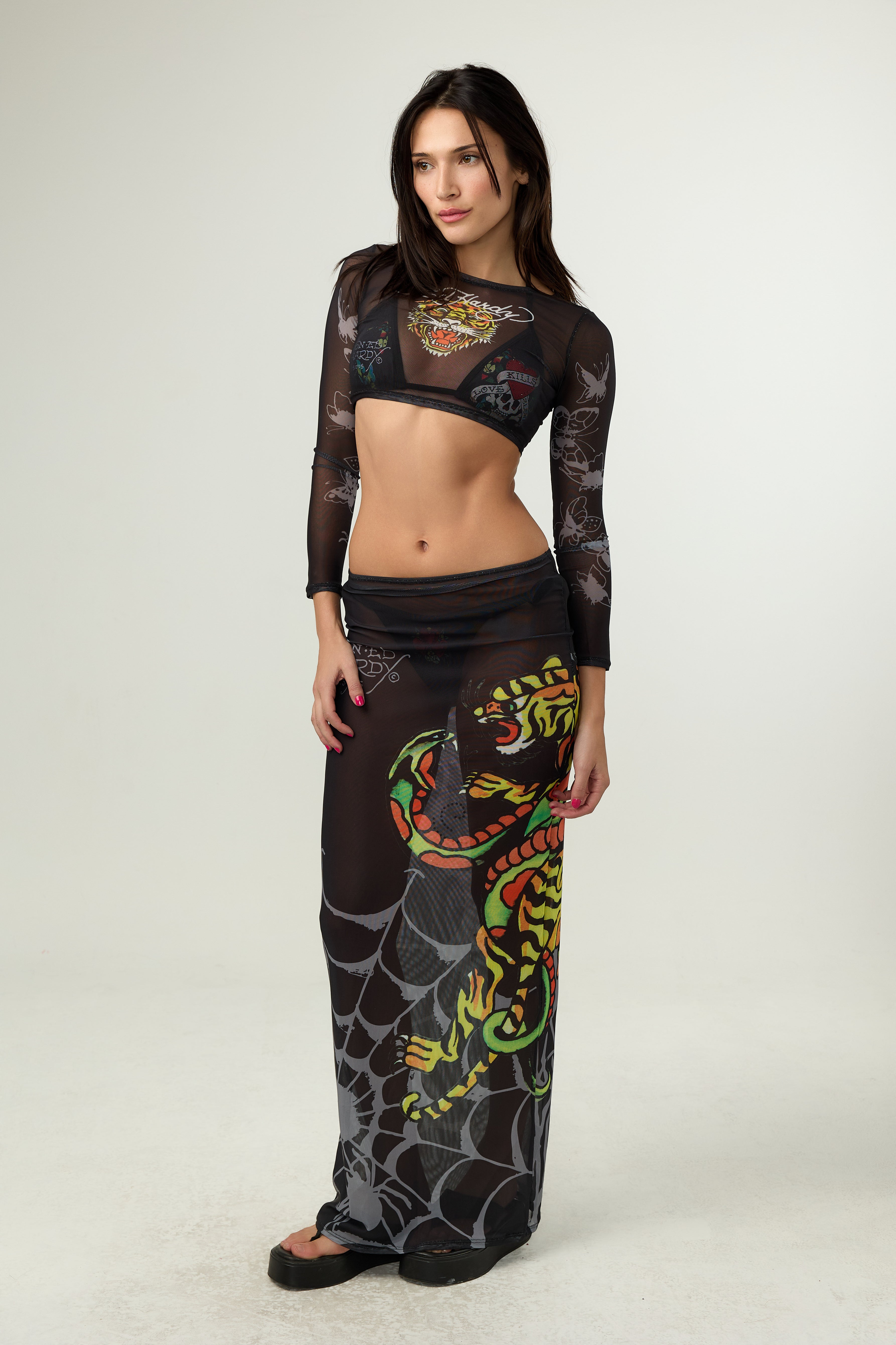 Ed Hardy Glimmer Goth Mesh Maxi Set in black print
