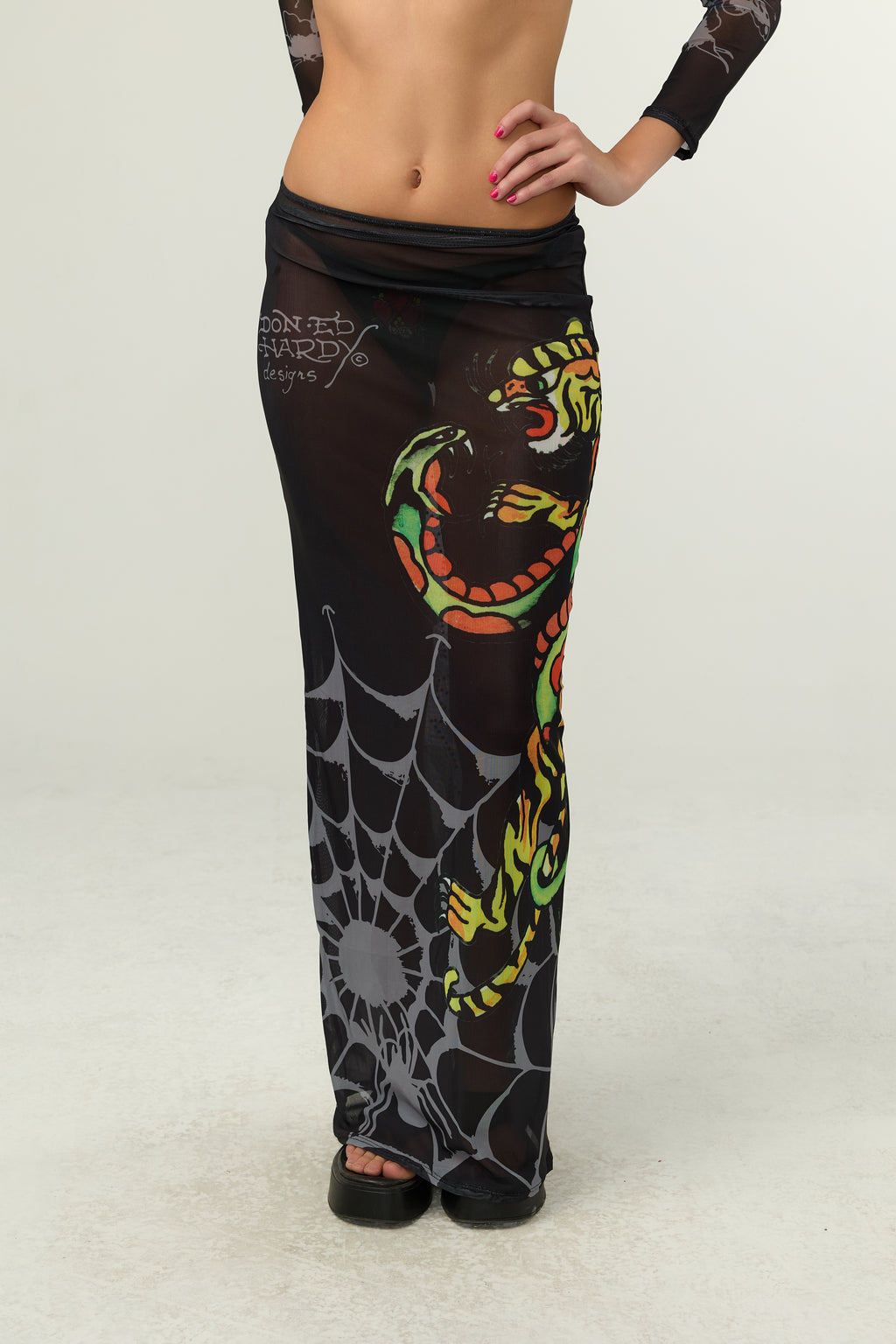 Back view of Ed Hardy Traditional Rose Swim Flare in black print