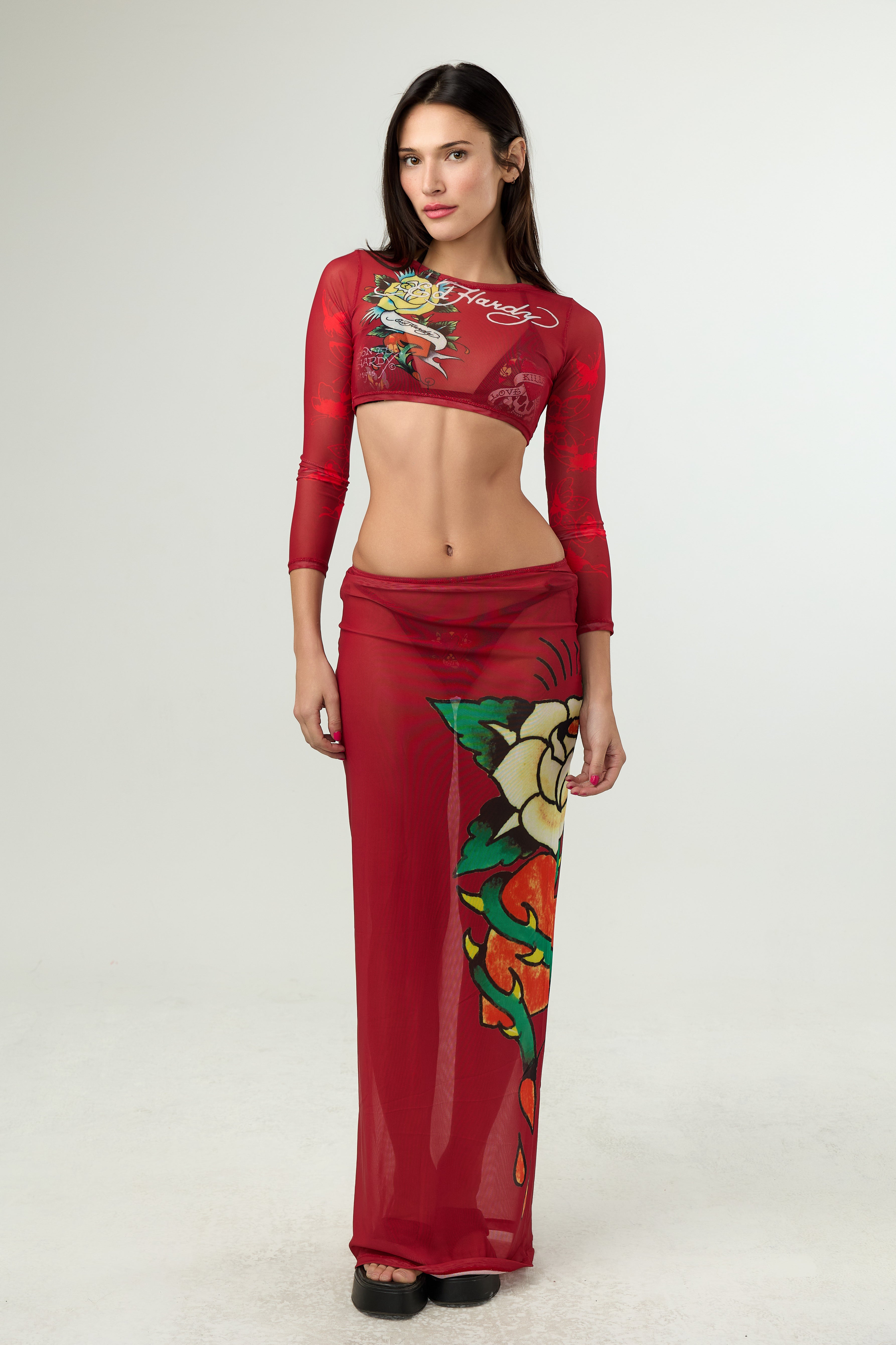 Ed Hardy Rebel Rose Mesh Maxi Set in red print