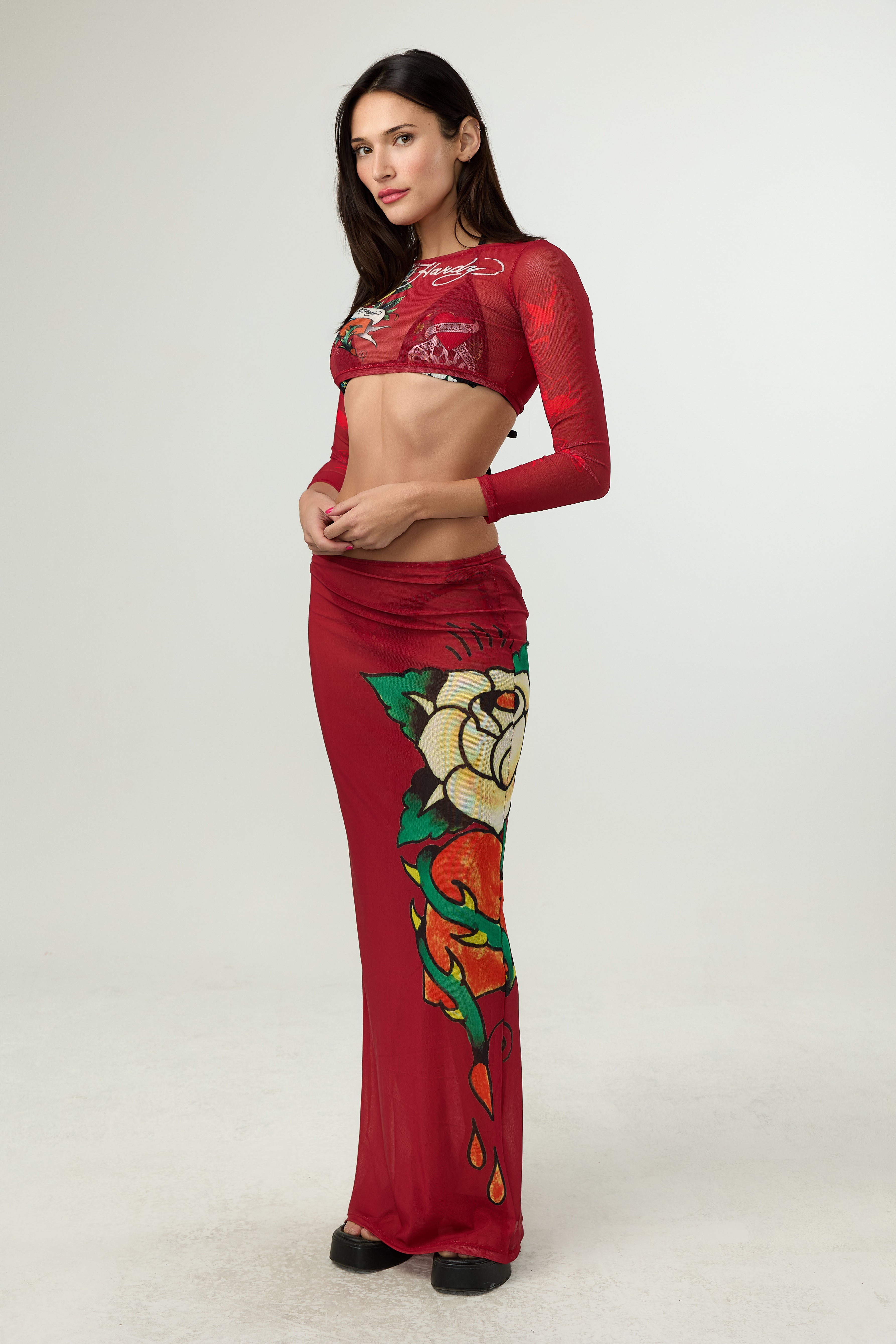 Back view of Ed Hardy Rebel Rose Mesh Maxi Set in red print