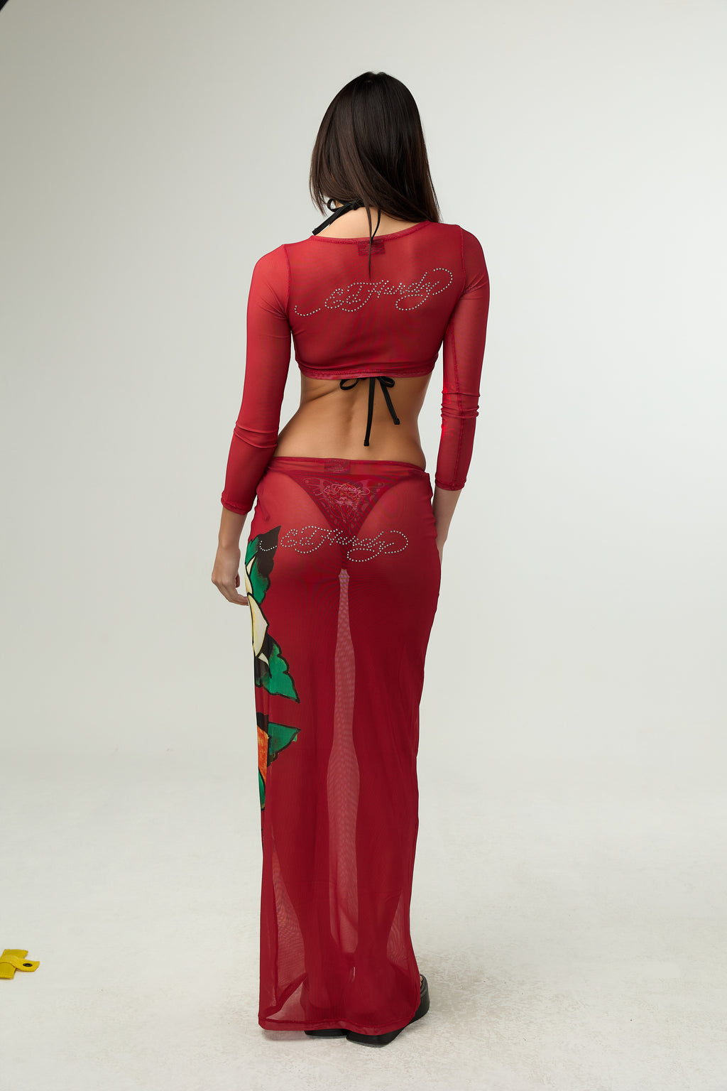 Woman wearing Ed Hardy Rebel Rose Mesh Maxi Set in red print