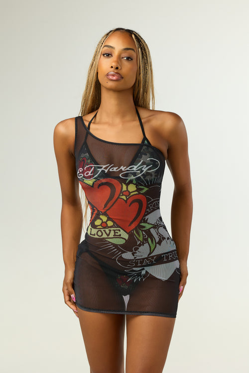 VAMPY' - ONE SHOULDER MESH DRESS - BLACK