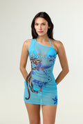 AQUA' - ONE SHOULDER MESH DRESS - BLUE