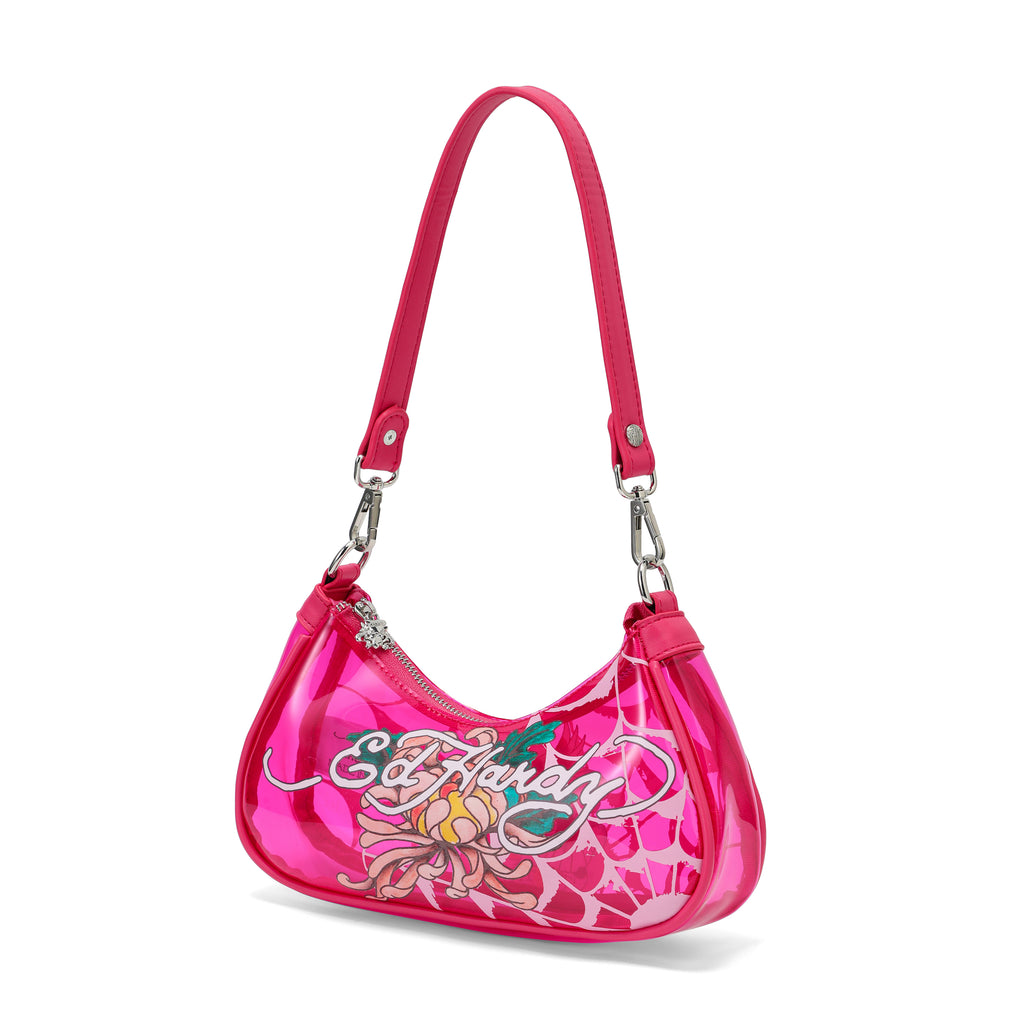Woman wearing Ed Hardy Lotus Bloom Beach Shoulder Bag Pvc in print