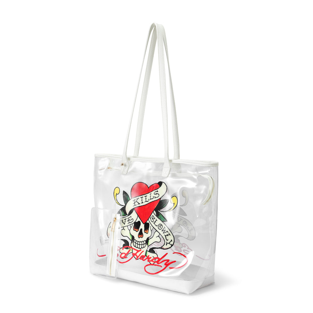 Woman wearing Ed Hardy Ed Hardy Love Marry Kills Pvc Beach Tote Bag Clear in print