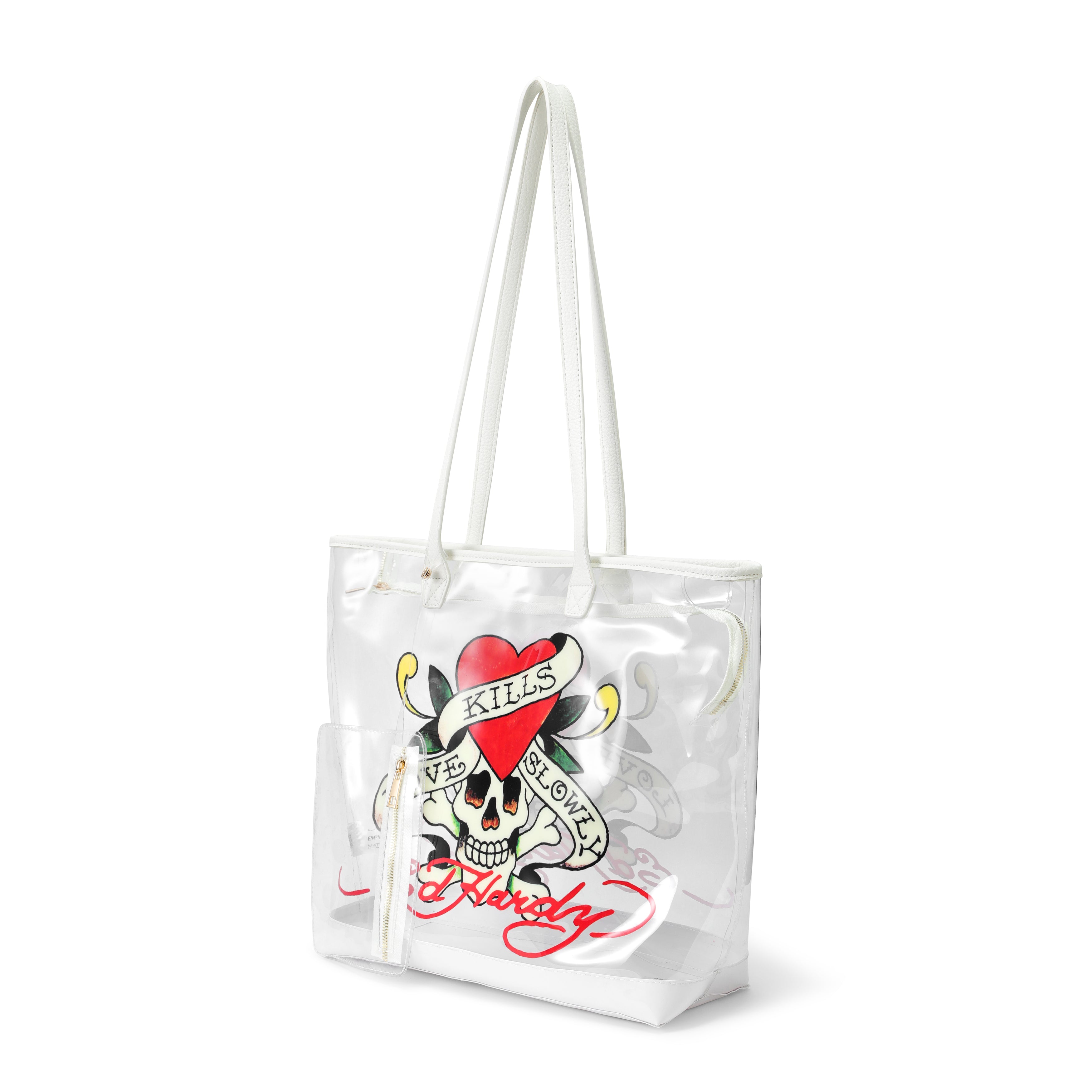 Woman wearing Ed Hardy Ed Hardy Love Marry Kills Pvc Beach Tote Bag Clear in print