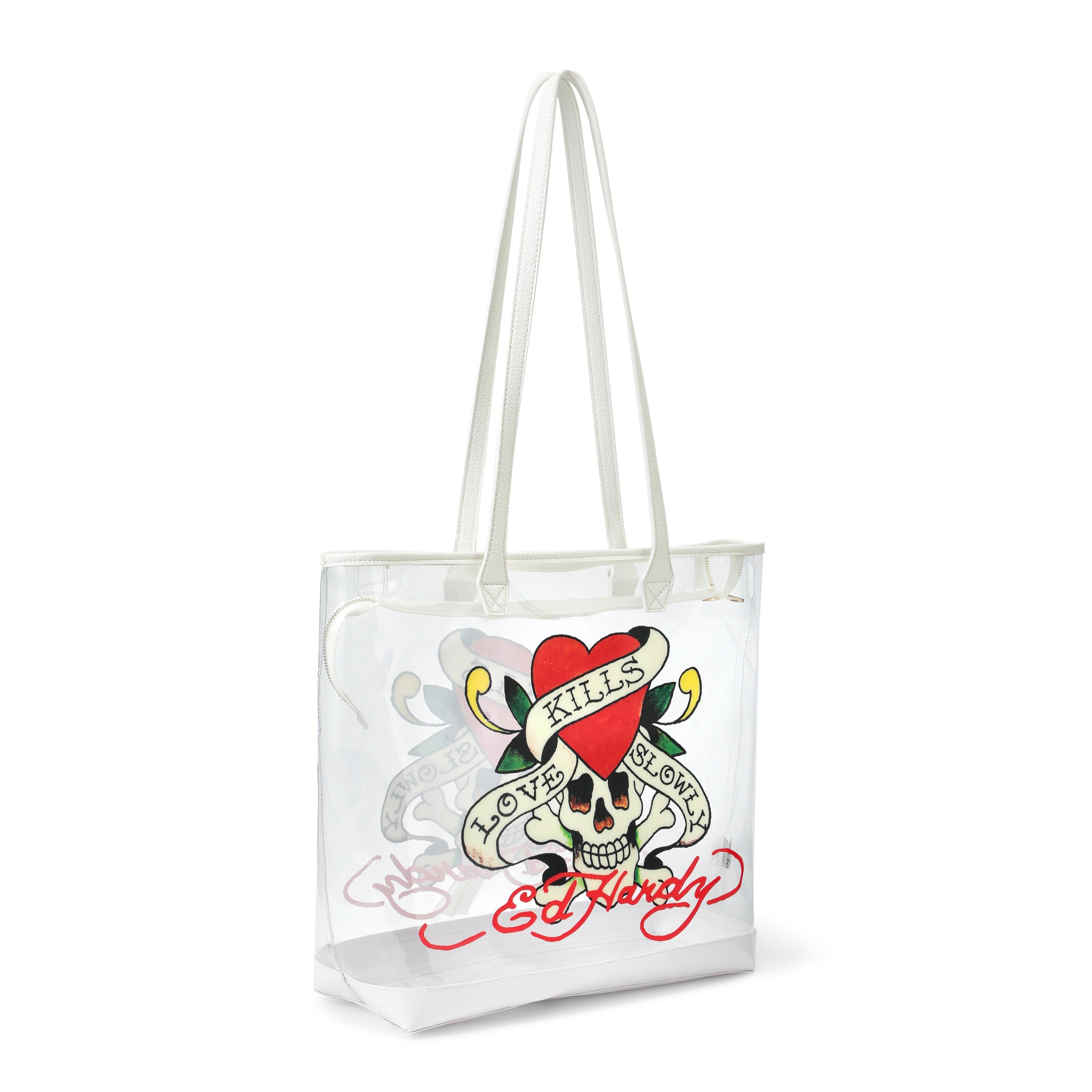 Back view of Ed Hardy Ed Hardy Love Marry Kills Pvc Beach Tote Bag Clear in print