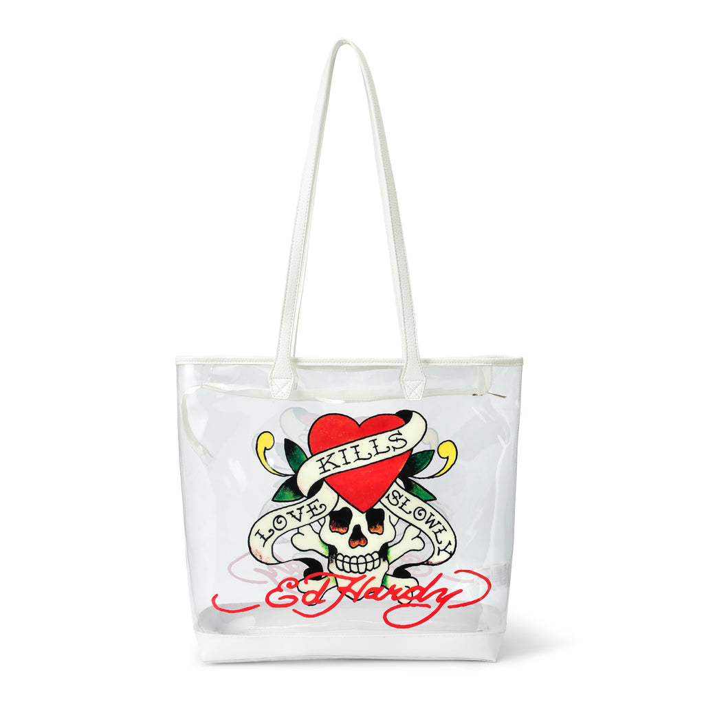 Close-up detail of Ed Hardy Ed Hardy Love Marry Kills Pvc Beach Tote Bag Clear in print