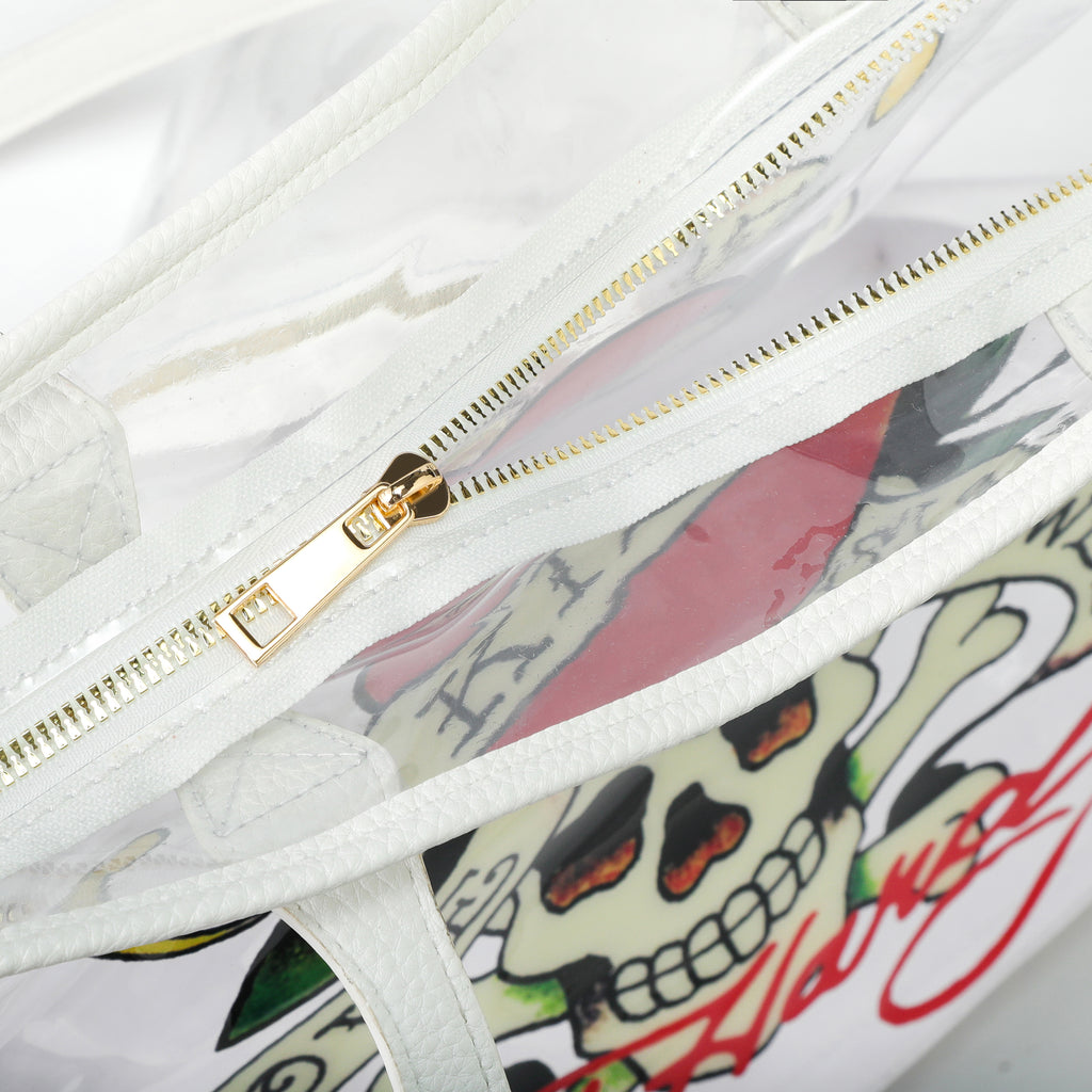 Close-up detail of Ed Hardy Ed Hardy Love Marry Kills Pvc Beach Tote Bag Clear in print