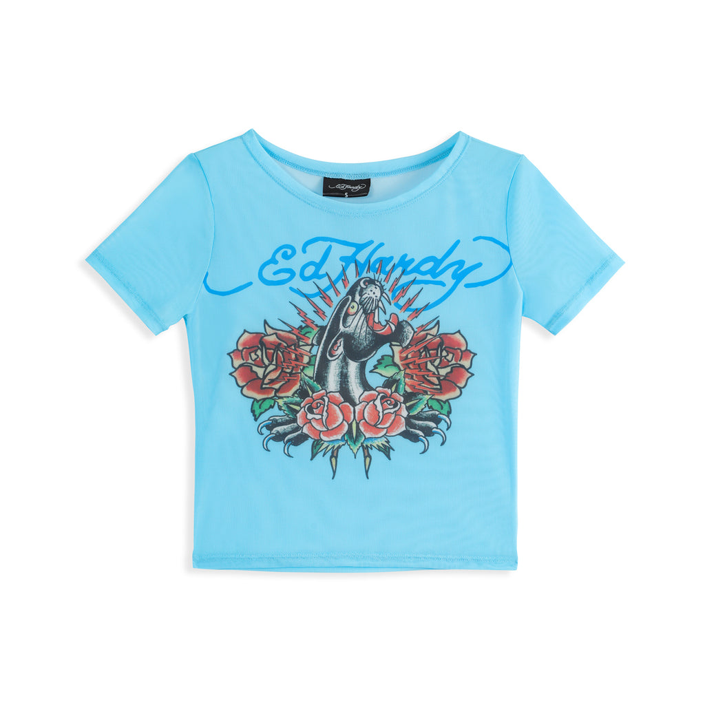Back view of Ed Hardy Sky Pantheress Swim Tee in light blue print