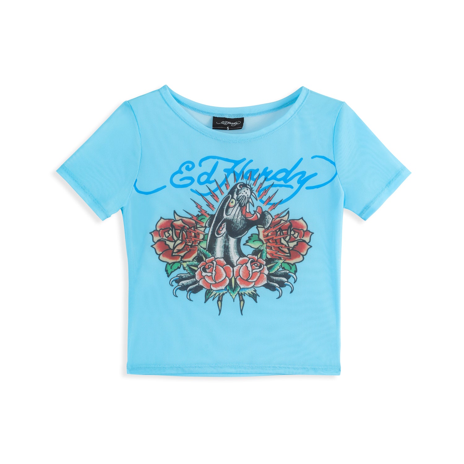 Back view of Ed Hardy Sky Pantheress Swim Tee in light blue print