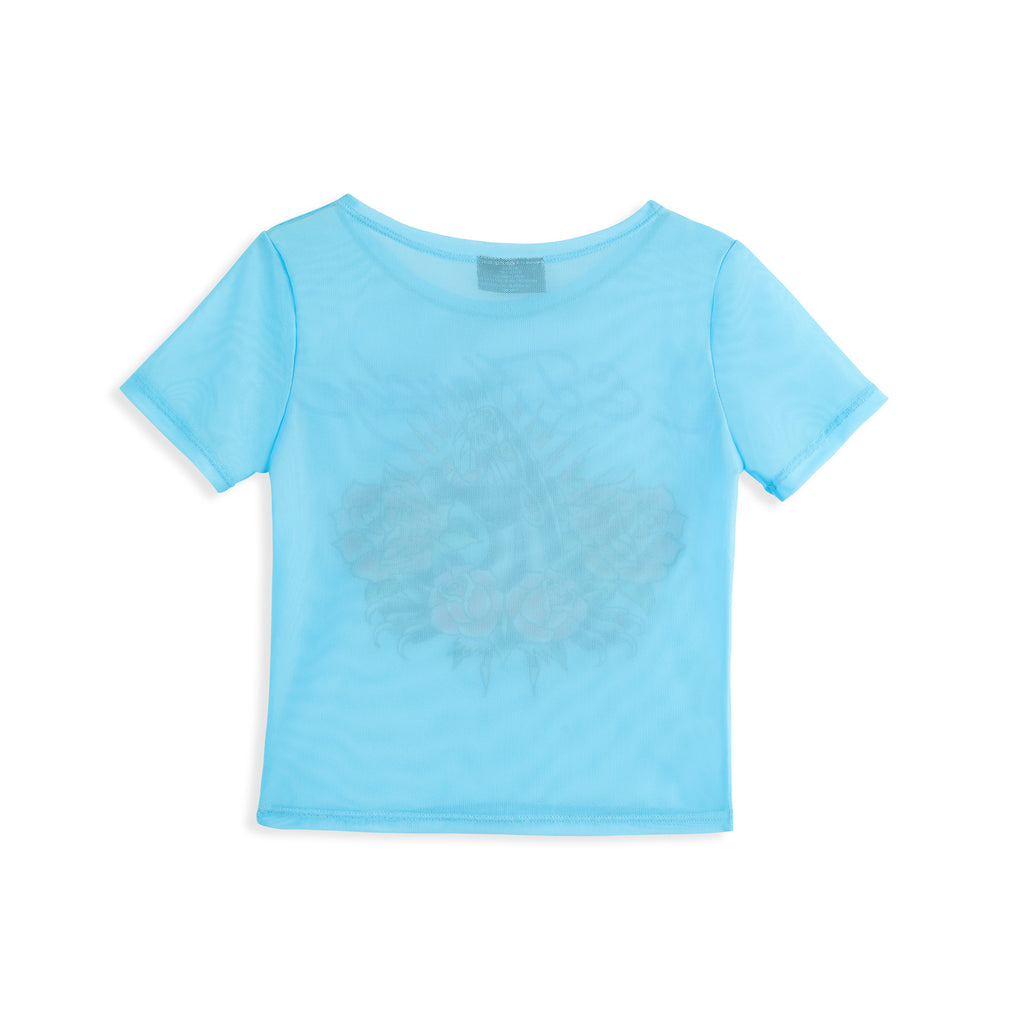 Close-up detail of Ed Hardy Sky Pantheress Swim Tee in light blue print