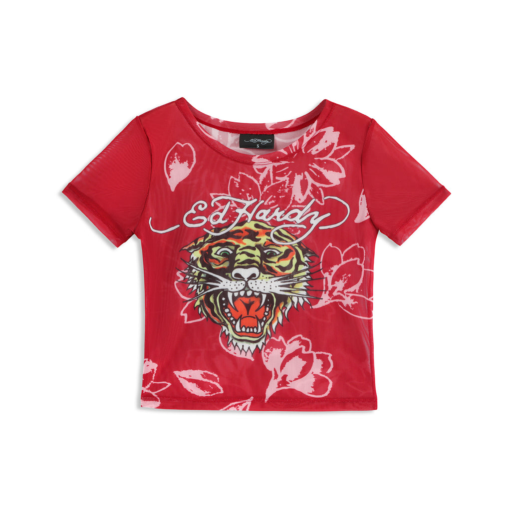 Close-up detail of Ed Hardy Crimson Tiger Swim Tee in red print
