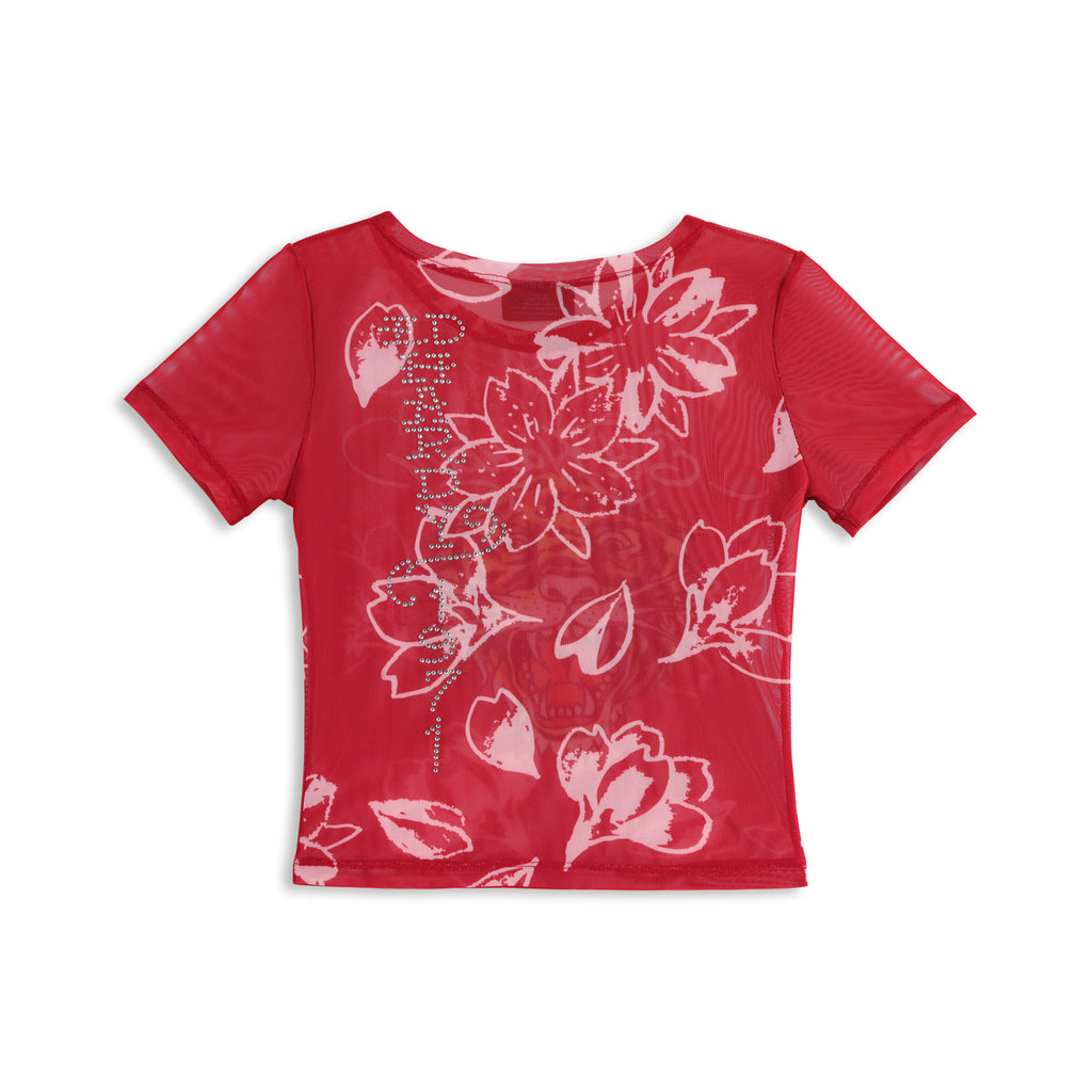 Close-up detail of Ed Hardy Crimson Tiger Swim Tee in red print