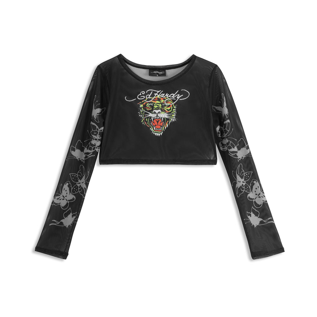 Close-up detail of Ed Hardy Glimmer Goth Mesh Maxi Set in black print