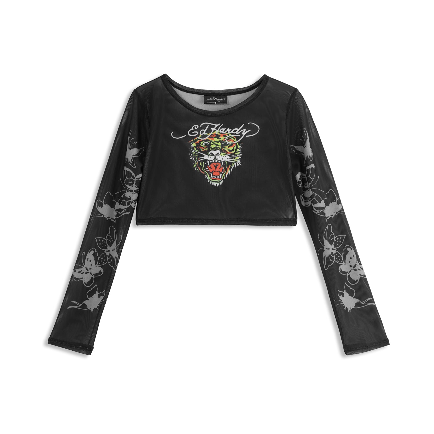 Close-up detail of Ed Hardy Glimmer Goth Mesh Maxi Set in black print