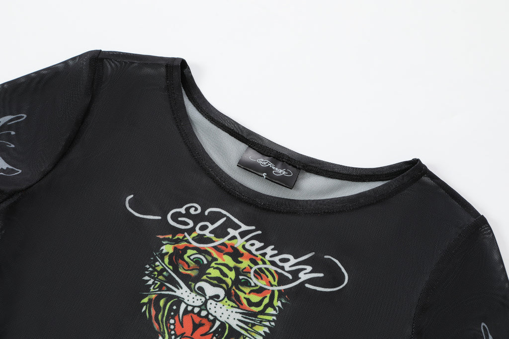 Close-up detail of Ed Hardy Glimmer Goth Mesh Maxi Set in black print