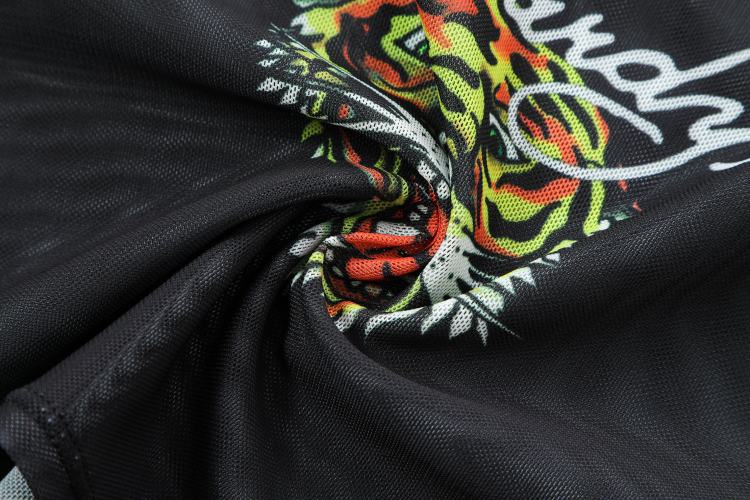 Close-up detail of Ed Hardy Glimmer Goth Mesh Maxi Set in black print