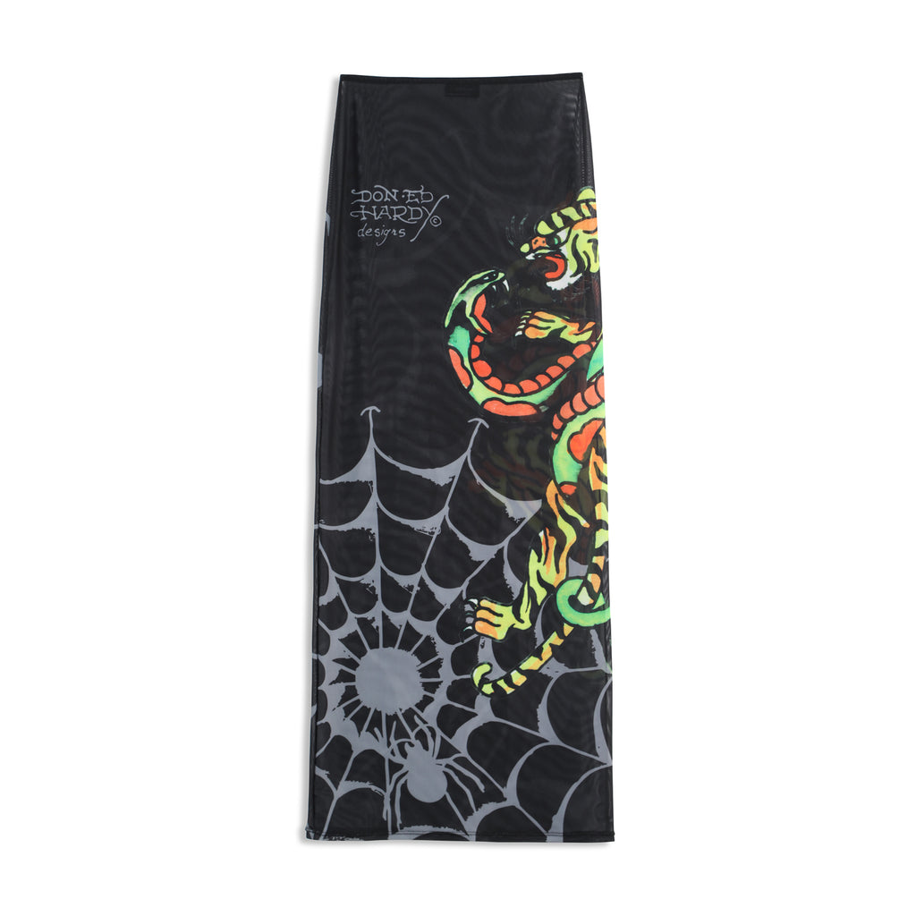 Close-up detail of Ed Hardy Glimmer Goth Mesh Maxi Set in black print