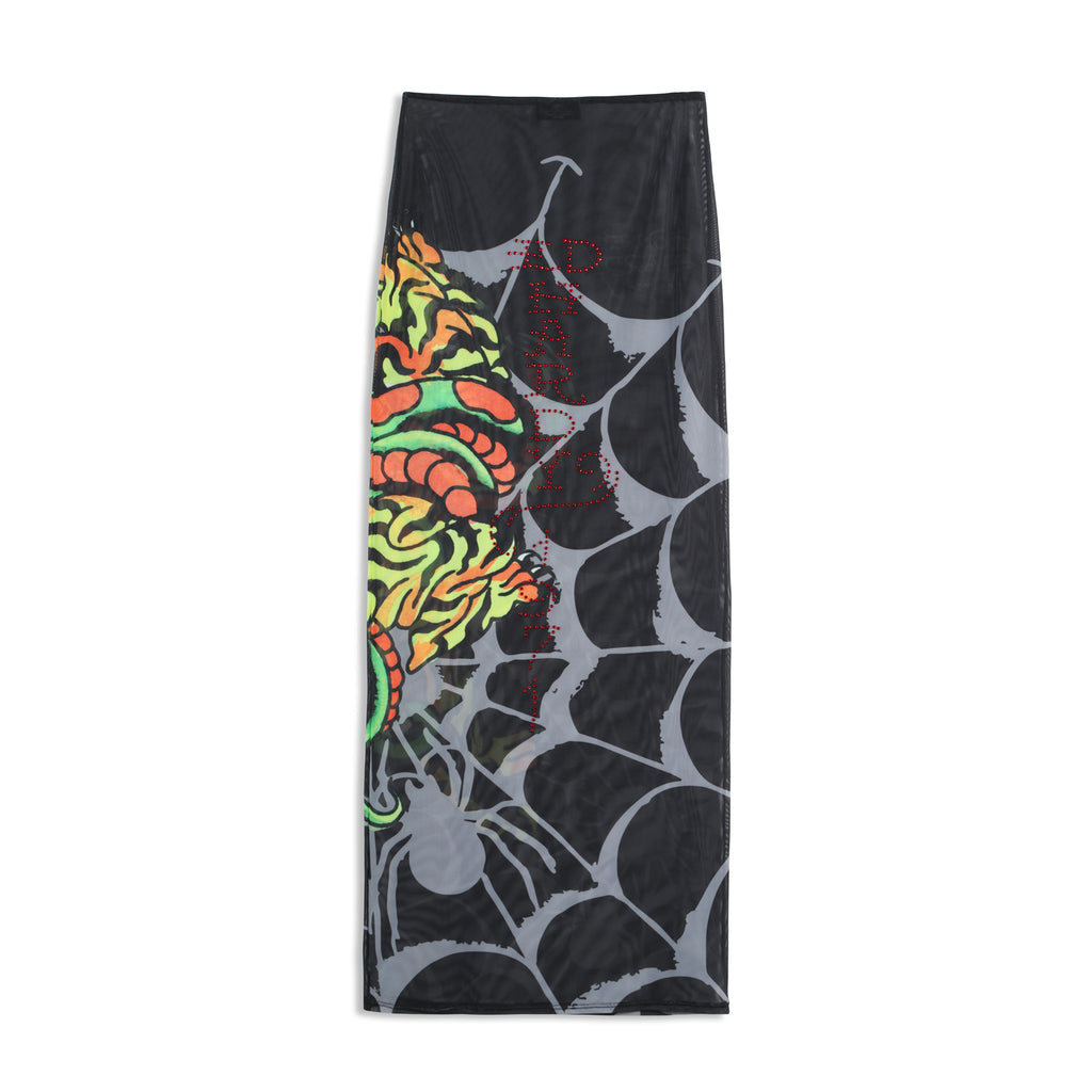 Close-up detail of Ed Hardy Glimmer Goth Mesh Maxi Set in black print