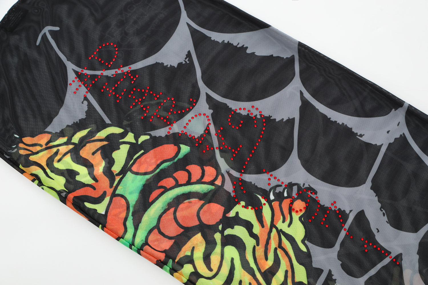 Close-up detail of Ed Hardy Glimmer Goth Mesh Maxi Set in black print