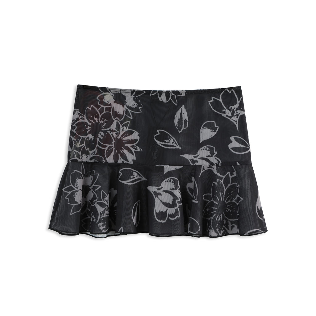 Woman wearing Ed Hardy Night Angel Mesh Skirt in black print