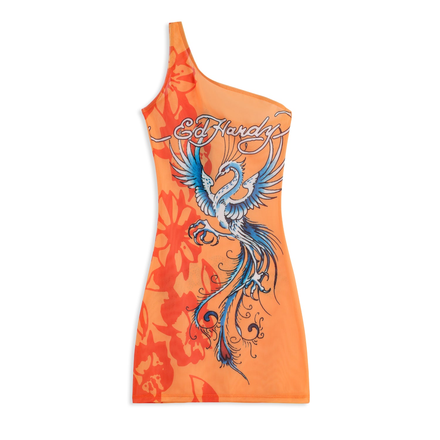 SUNSET SALLY' - ONE SHOULDER MESH DRESS - ORANGE