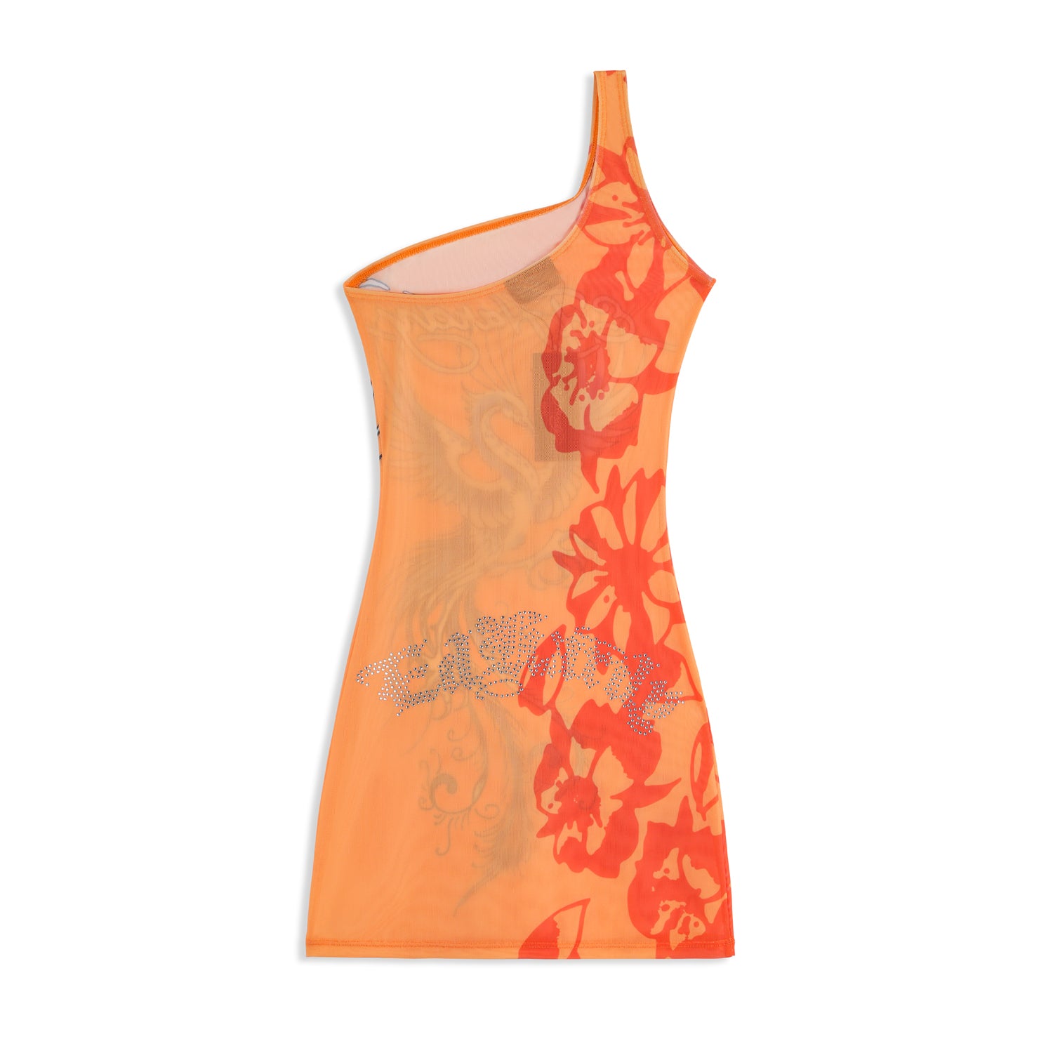 SUNSET SALLY' - ONE SHOULDER MESH DRESS - ORANGE