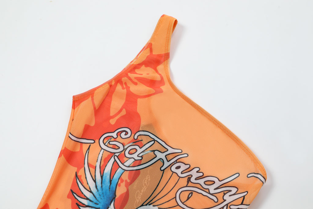 SUNSET SALLY' - ONE SHOULDER MESH DRESS - ORANGE