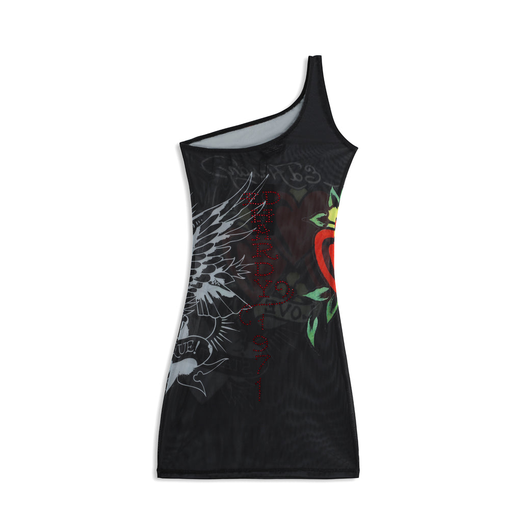 VAMPY' - ONE SHOULDER MESH DRESS - BLACK