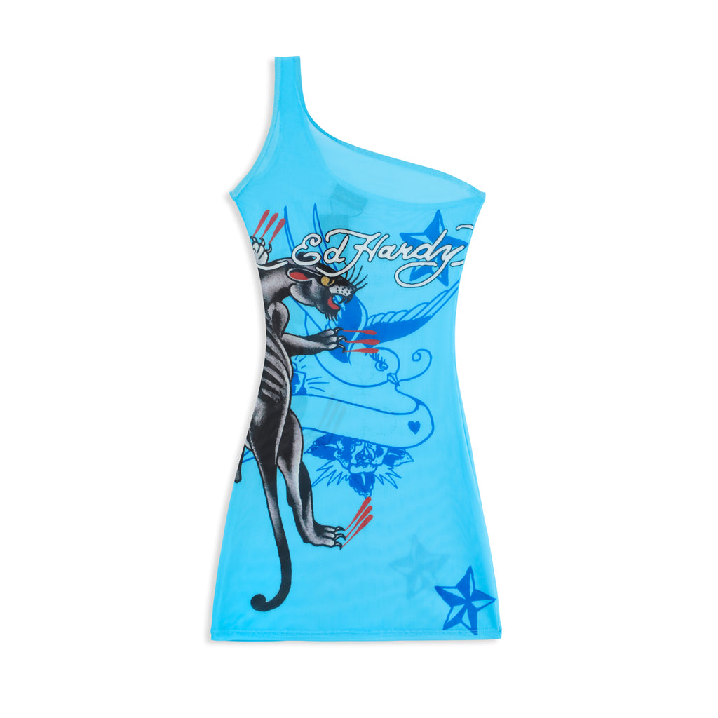 AQUA' - ONE SHOULDER MESH DRESS - BLUE