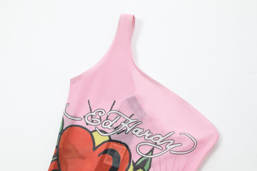 SUGAR' - ONE SHOULDER MESH DRESS - PINK