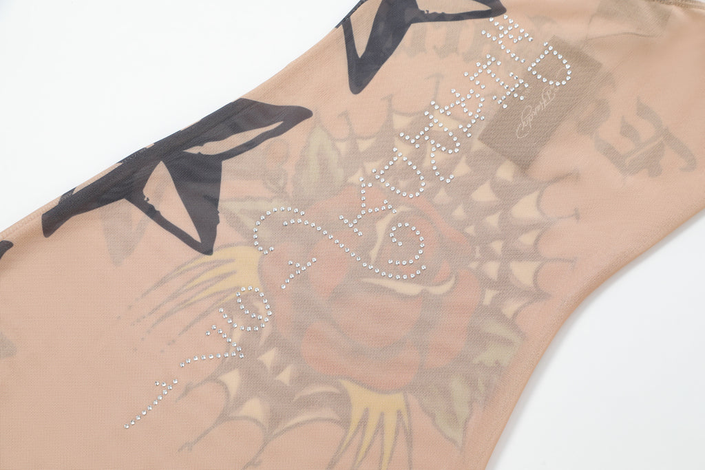 TULIP' - ONE SHOULDER MESH DRESS - SAND
