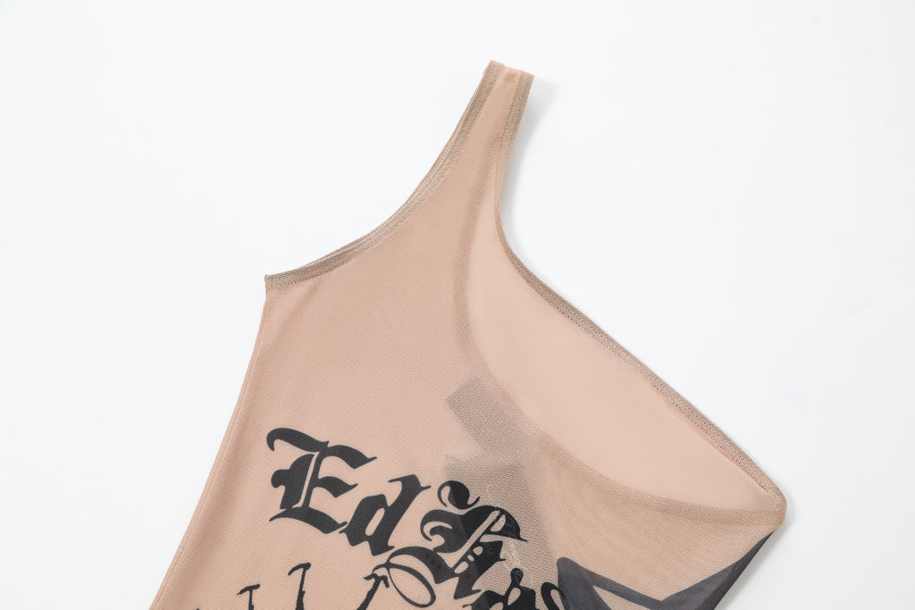 TULIP' - ONE SHOULDER MESH DRESS - SAND