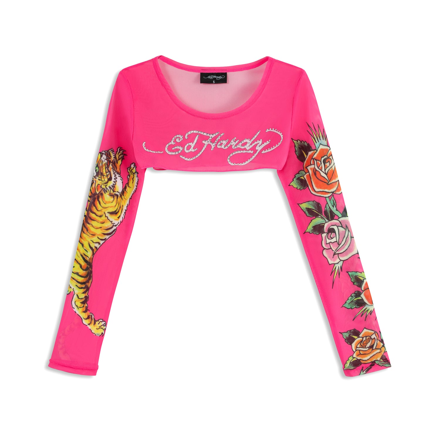 Close-up detail of Ed Hardy Pixie Cropped Mesh Longsleeve Cover Up in print