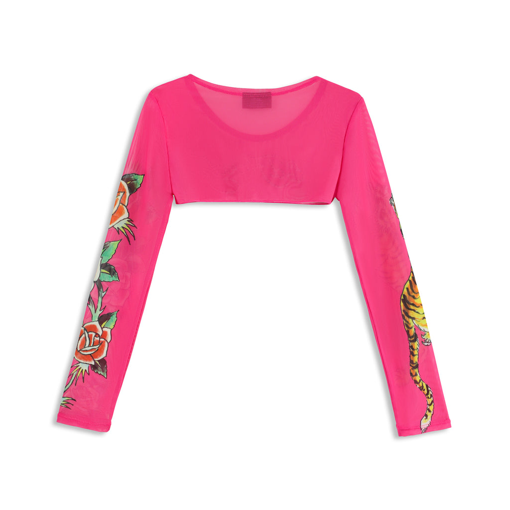 Close-up detail of Ed Hardy Pixie Cropped Mesh Longsleeve Cover Up in print