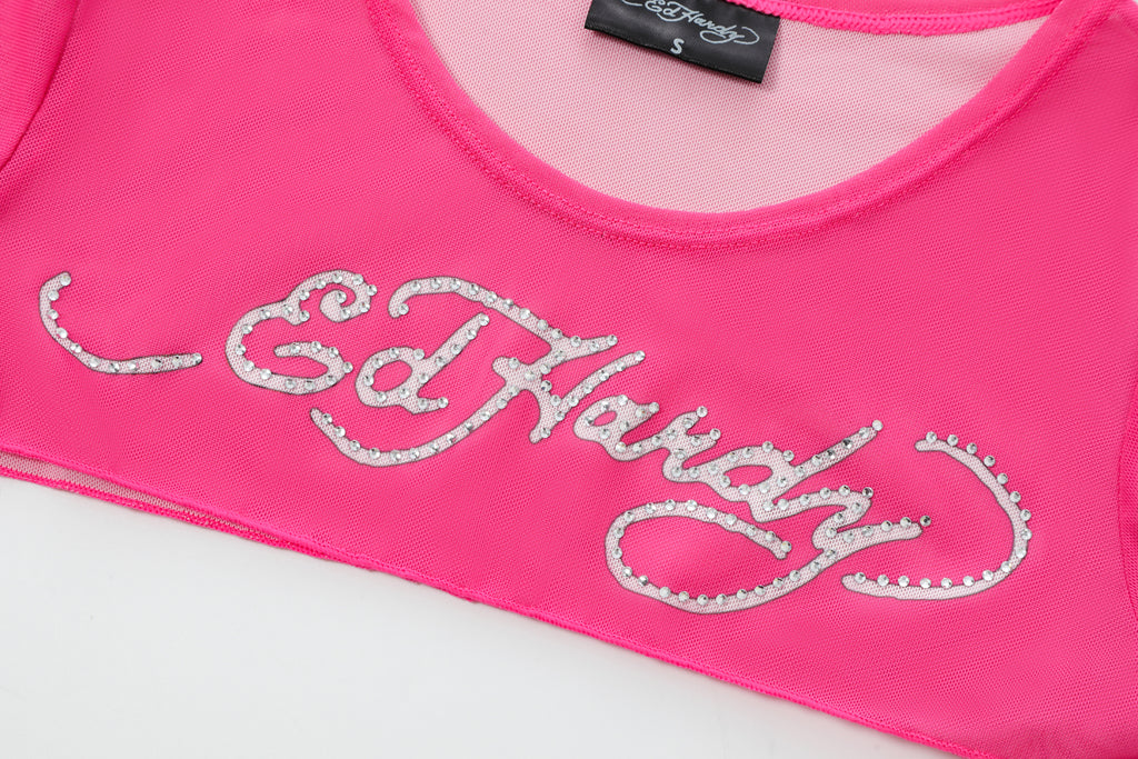 Close-up detail of Ed Hardy Pixie Cropped Mesh Longsleeve Cover Up in print