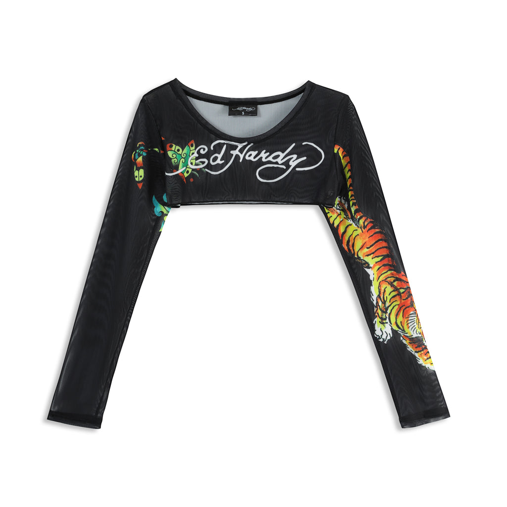 Close-up detail of Ed Hardy Midnight Cropped Mesh Longsleeve Cover Up in print
