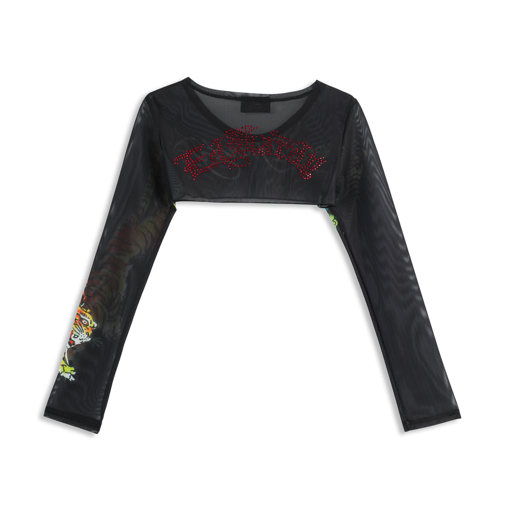 Close-up detail of Ed Hardy Midnight Cropped Mesh Longsleeve Cover Up in print