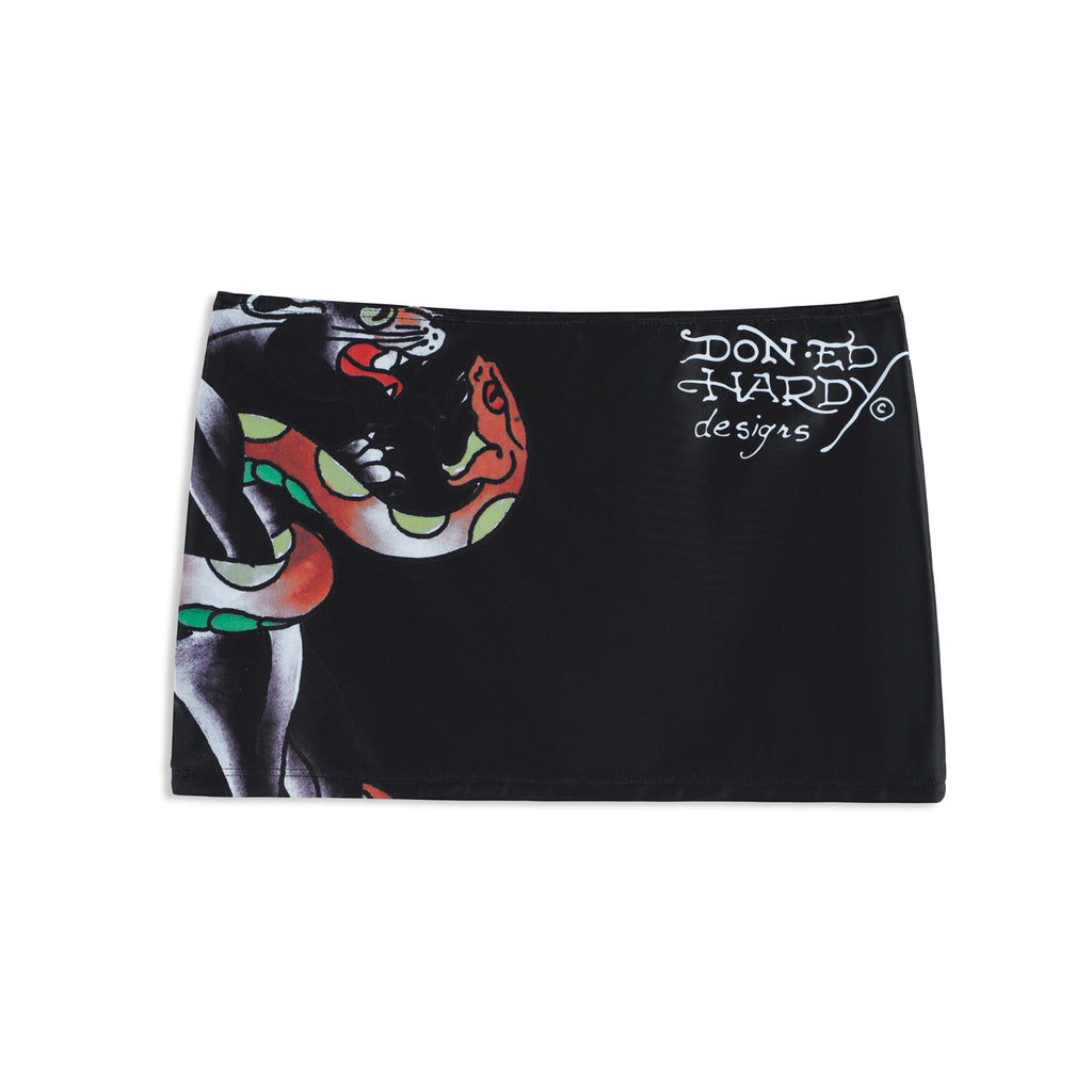 Close-up detail of Ed Hardy Vintage Rose Swim Skirt in black print