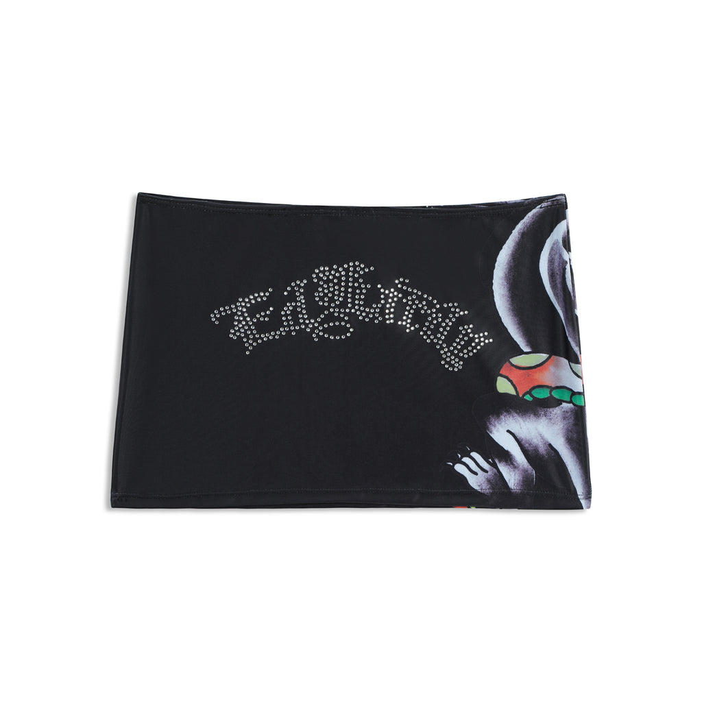 Close-up detail of Ed Hardy Vintage Rose Swim Skirt in black print