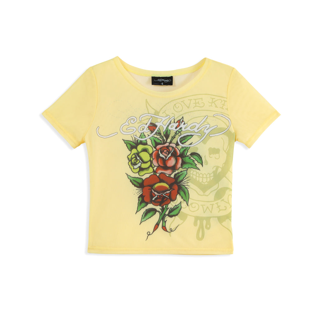 Close-up detail of Ed Hardy Vintage Rose Swim Tee in yellow print