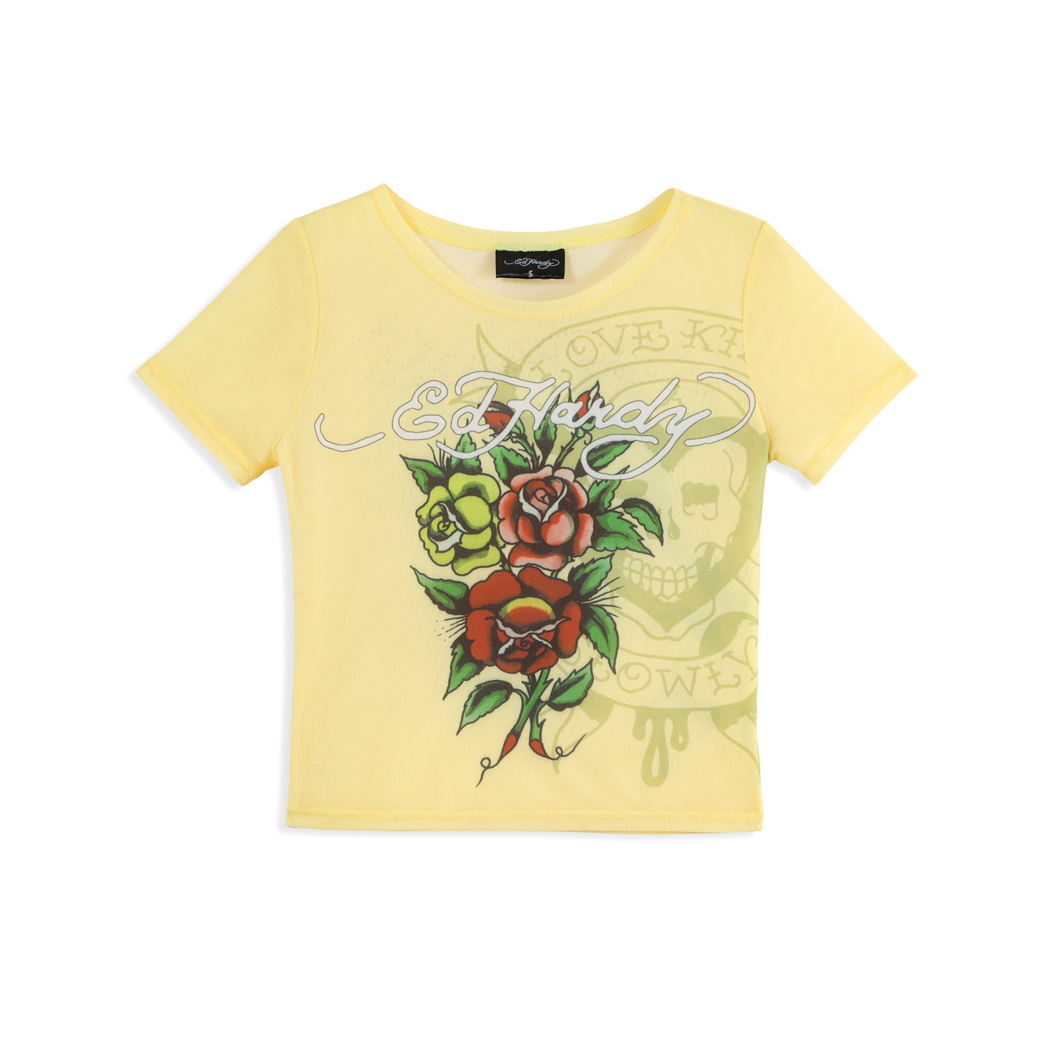 Close-up detail of Ed Hardy Vintage Rose Swim Tee in yellow print