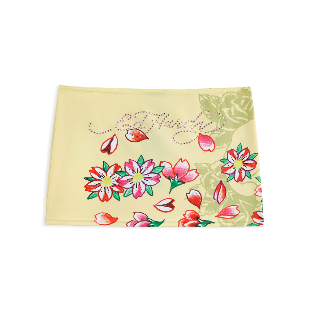 Close-up detail of Ed Hardy Vintage Rose Swim Skirt in yellow print