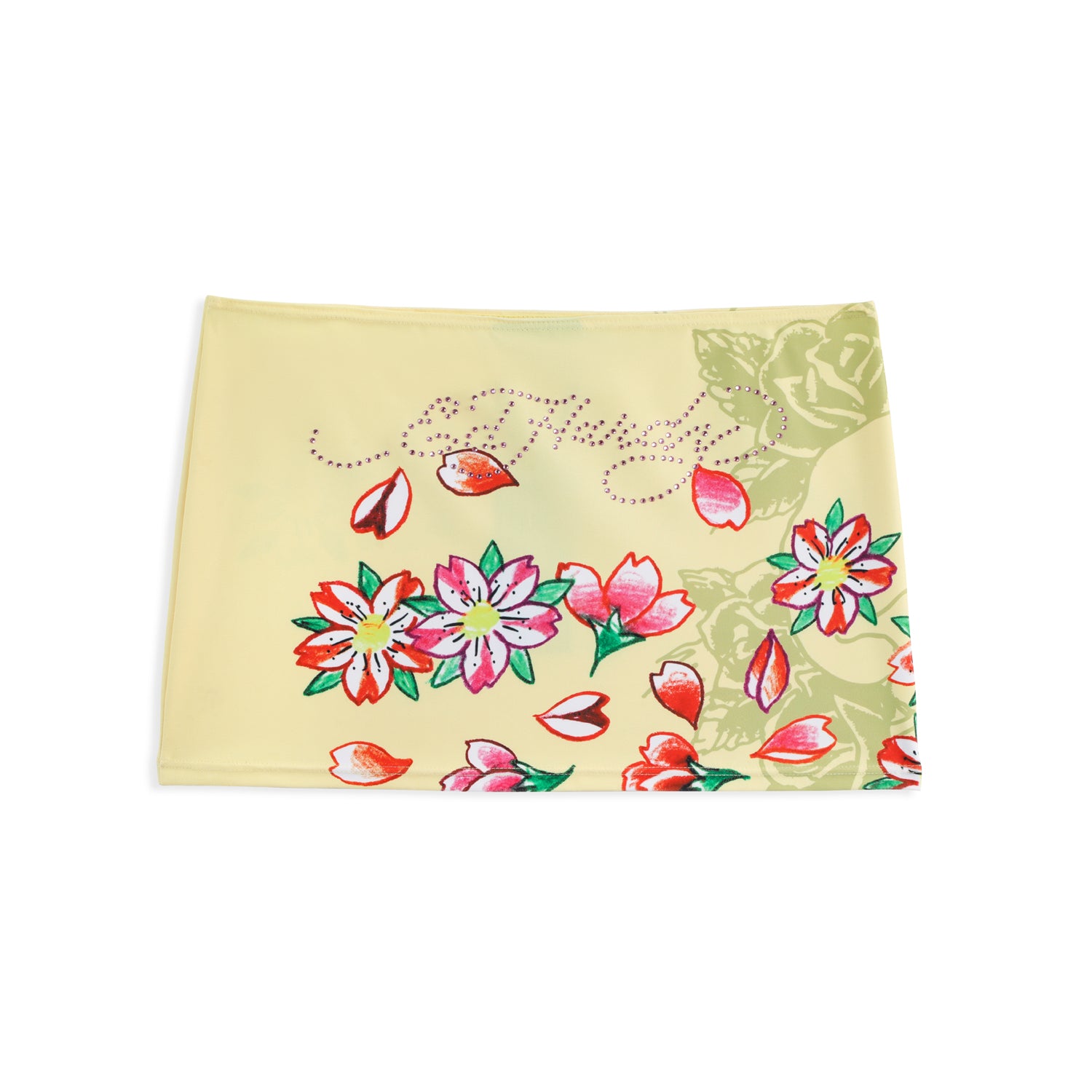 Close-up detail of Ed Hardy Vintage Rose Swim Skirt in yellow print