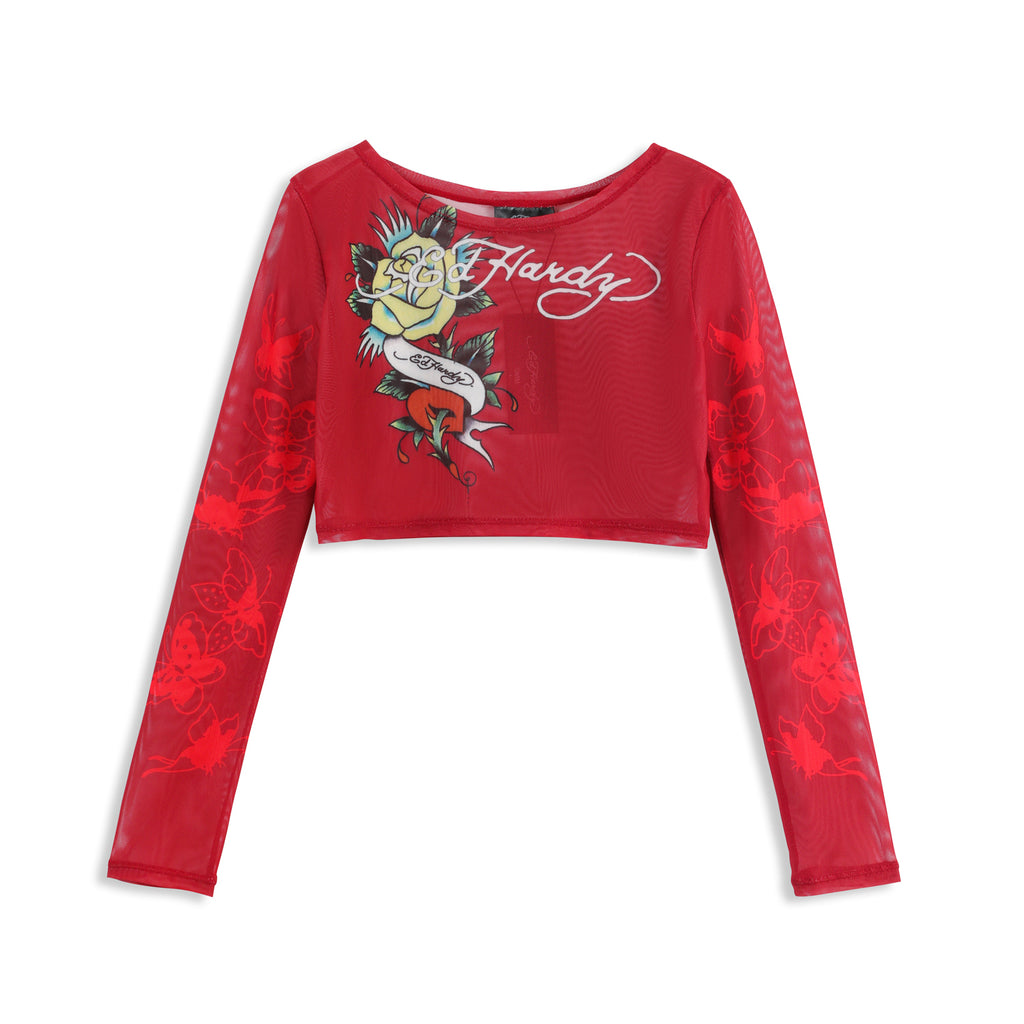 Close-up detail of Ed Hardy Rebel Rose Mesh Maxi Set in red print